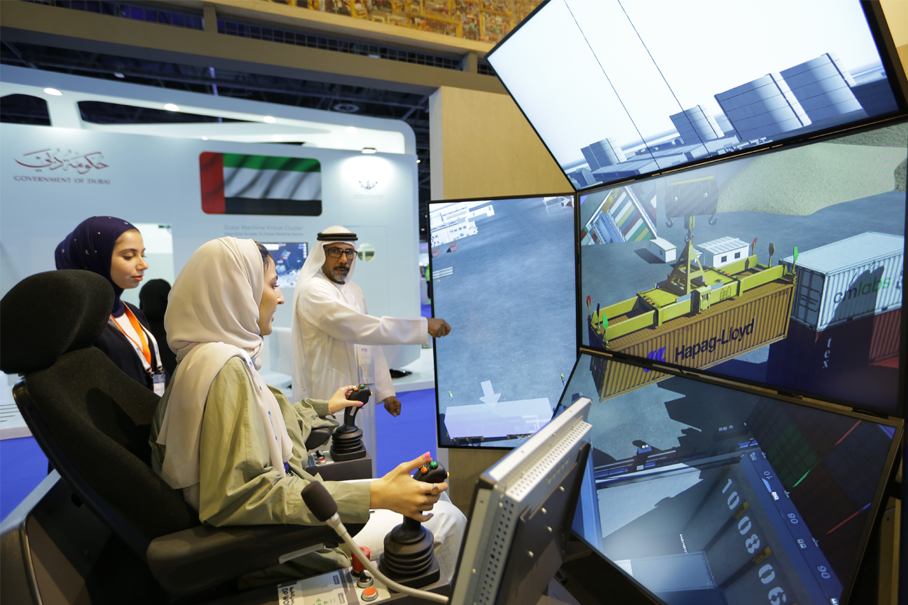 Woman trying a simulator in a stand 